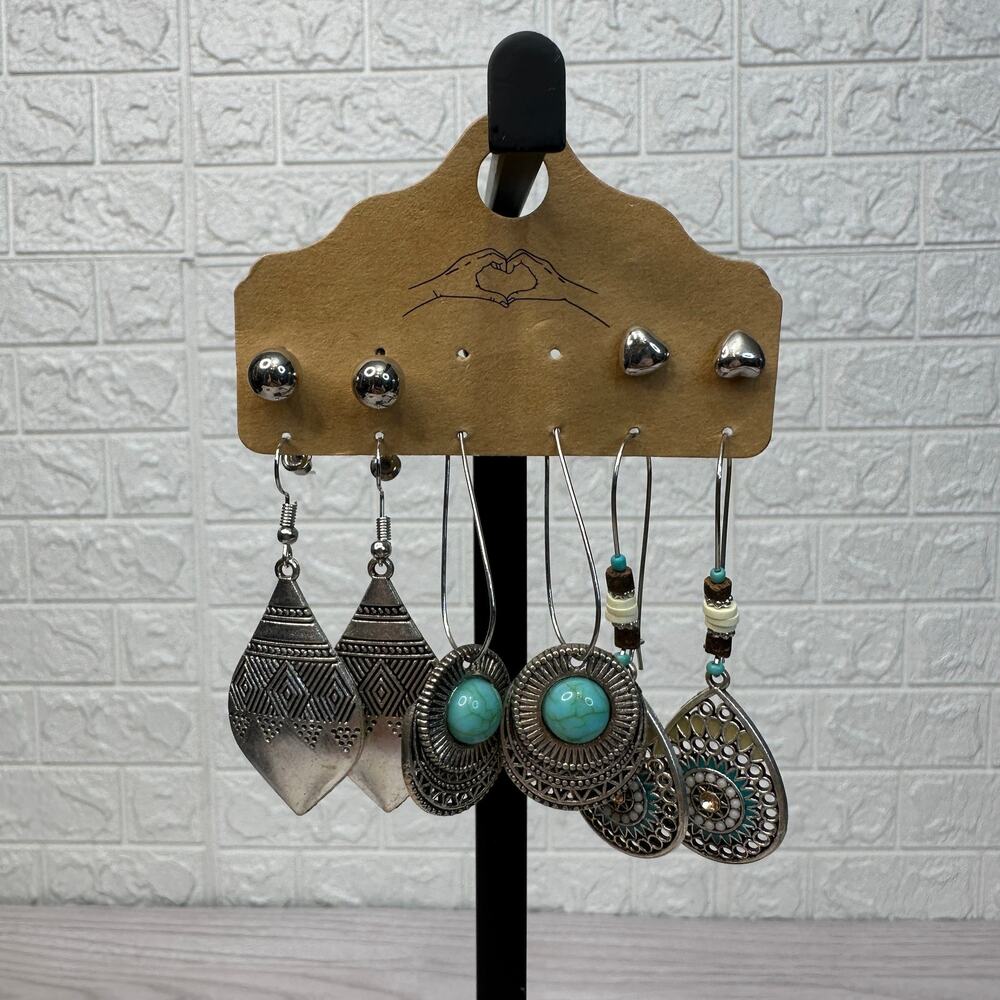 Bundle of 5 Pairs Silver Tone Stud & Geometric Dangle Drop Southwestern Earrings